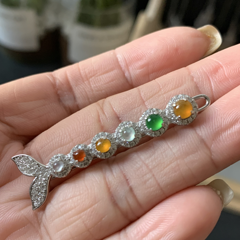 纯天然A货翡翠多宝鱼尾发卡