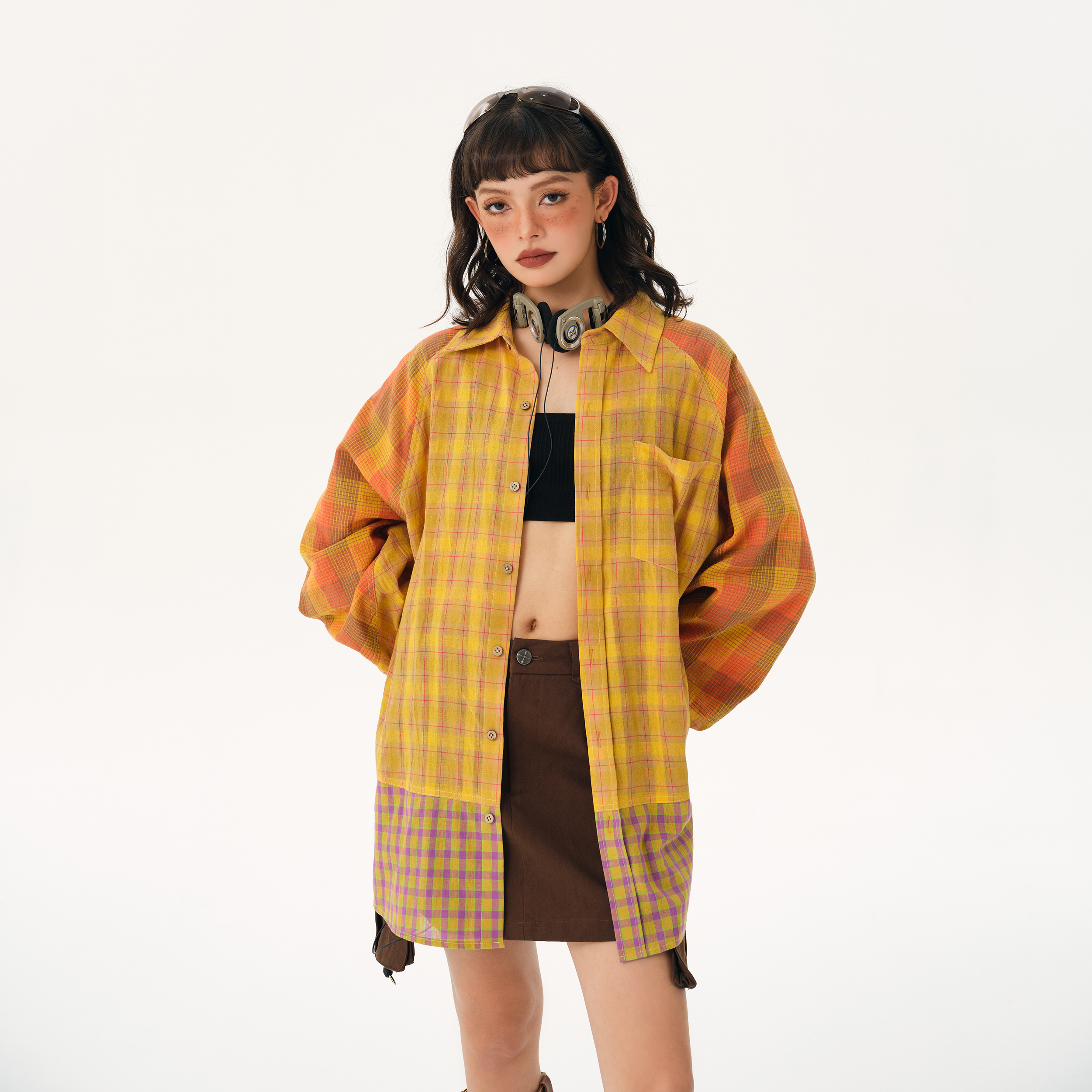 【直播间清仓款 No退No换】多巴胺拼接格子衬衫设计感宽松衬衣外穿