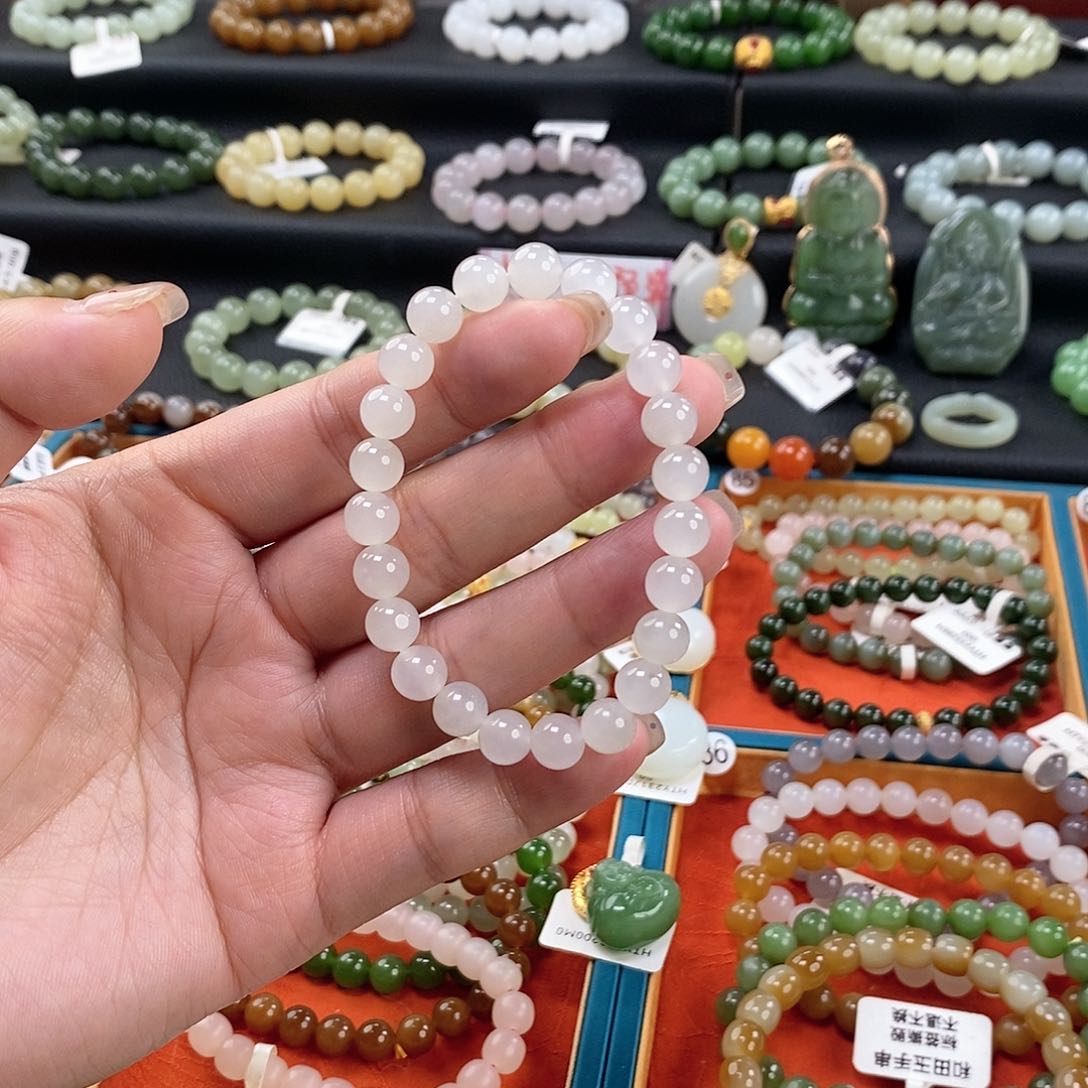 和田玉手链 8MM未镶嵌白玉