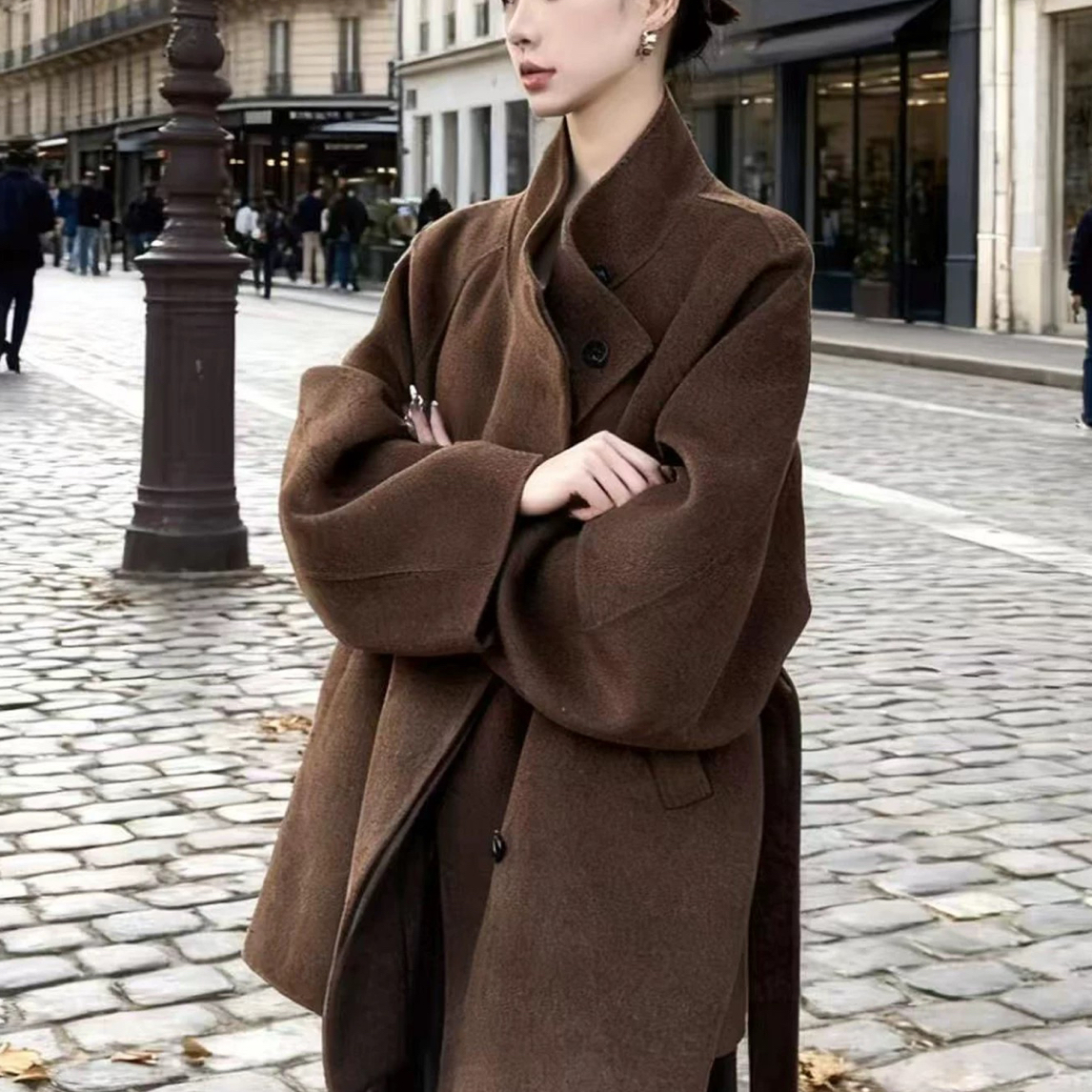 9023咖色大翻领风衣次品样衣A25-1