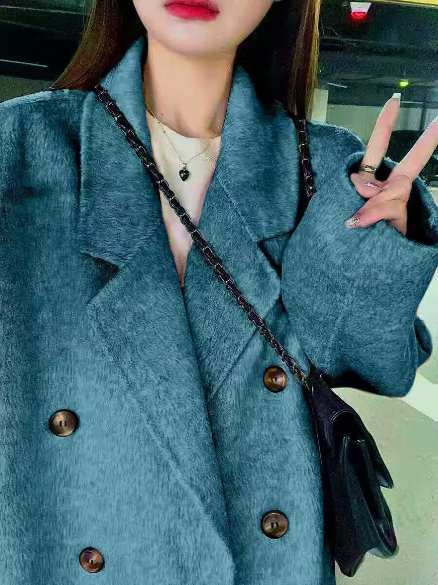2025秋冬高端新款双面绒羊毛大衣女中长气质蓝色毛呢外套慵懒风