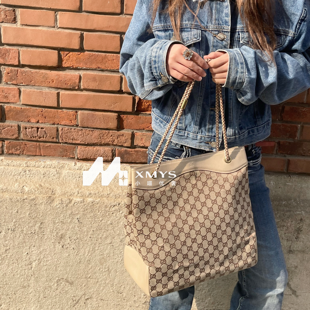 95新 GUCCI/古驰 棕色老花拼米色配皮琴谱托特包单肩包