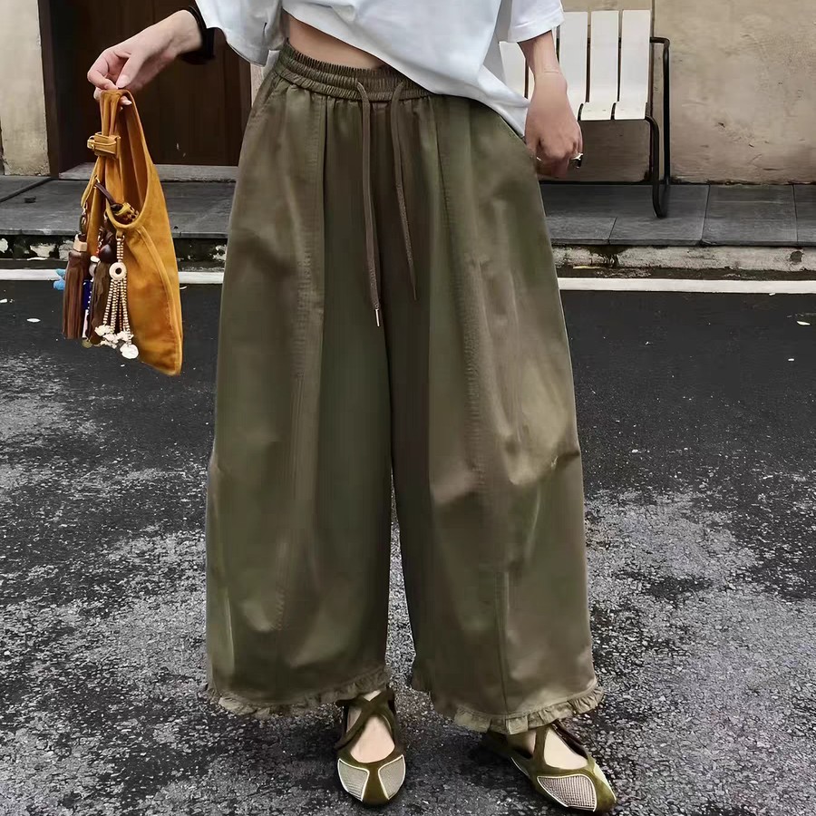 高腰木耳花边阔腿裤女秋季新款百搭显瘦九分宽松裤纯欲慵懒风女装