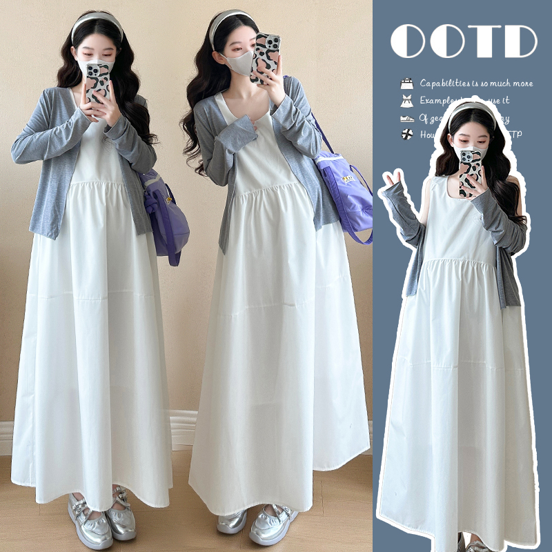 孕妇装春装2025春季长袖开衫灰色背心裙两件套孕妇连衣裙韩版日常
