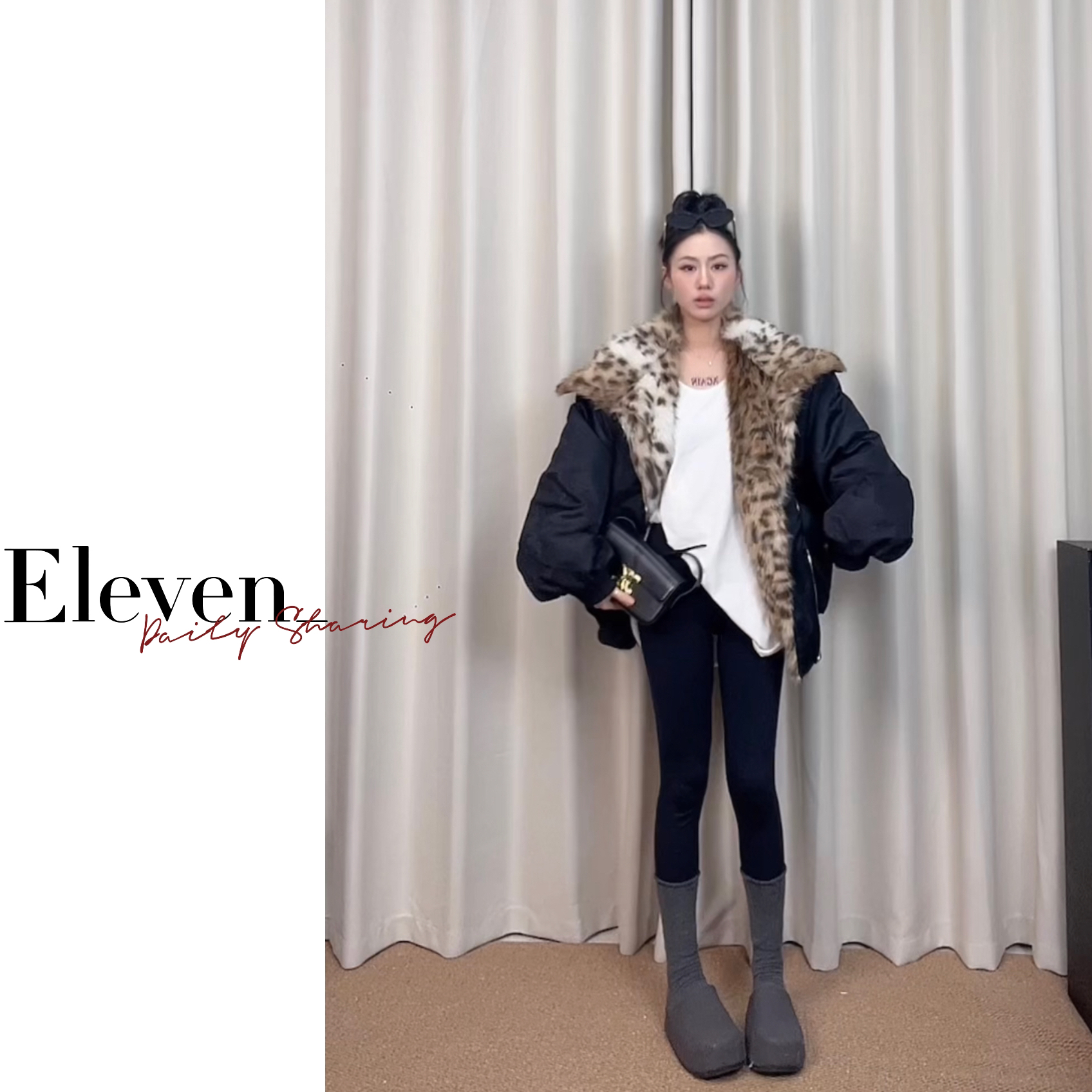 Eleven_ 豹纹大翻领加厚保暖棉服宽松外套
