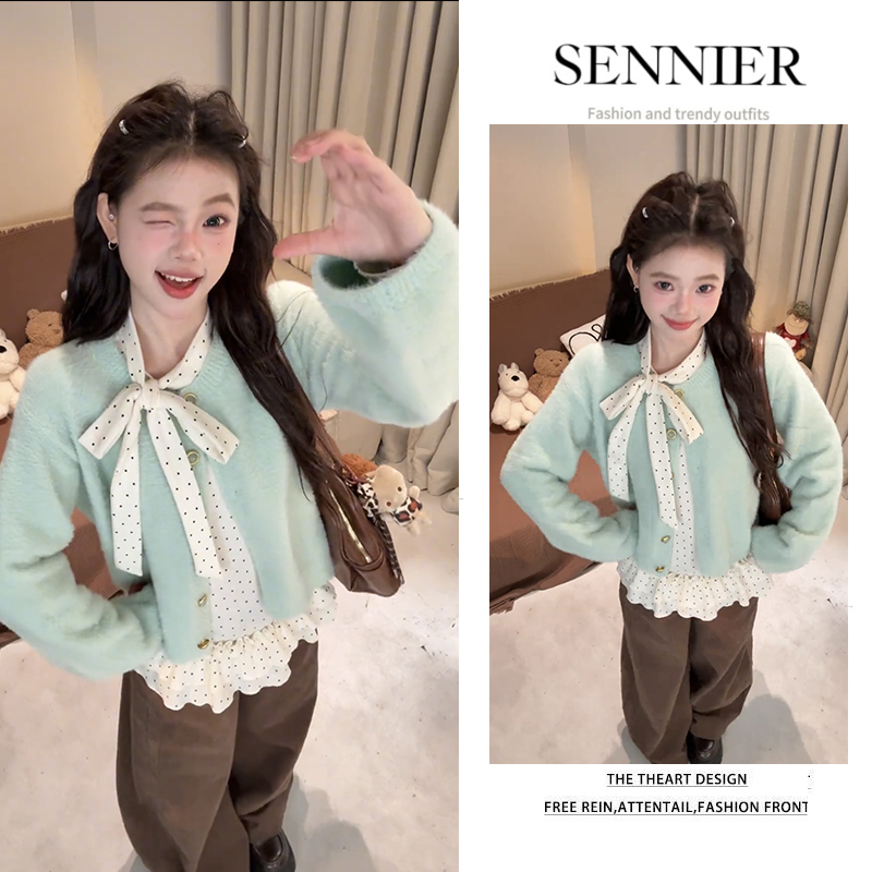 秋季温柔系穿搭女2025新款韩版减龄针织开衫波点长袖休闲裤三件套