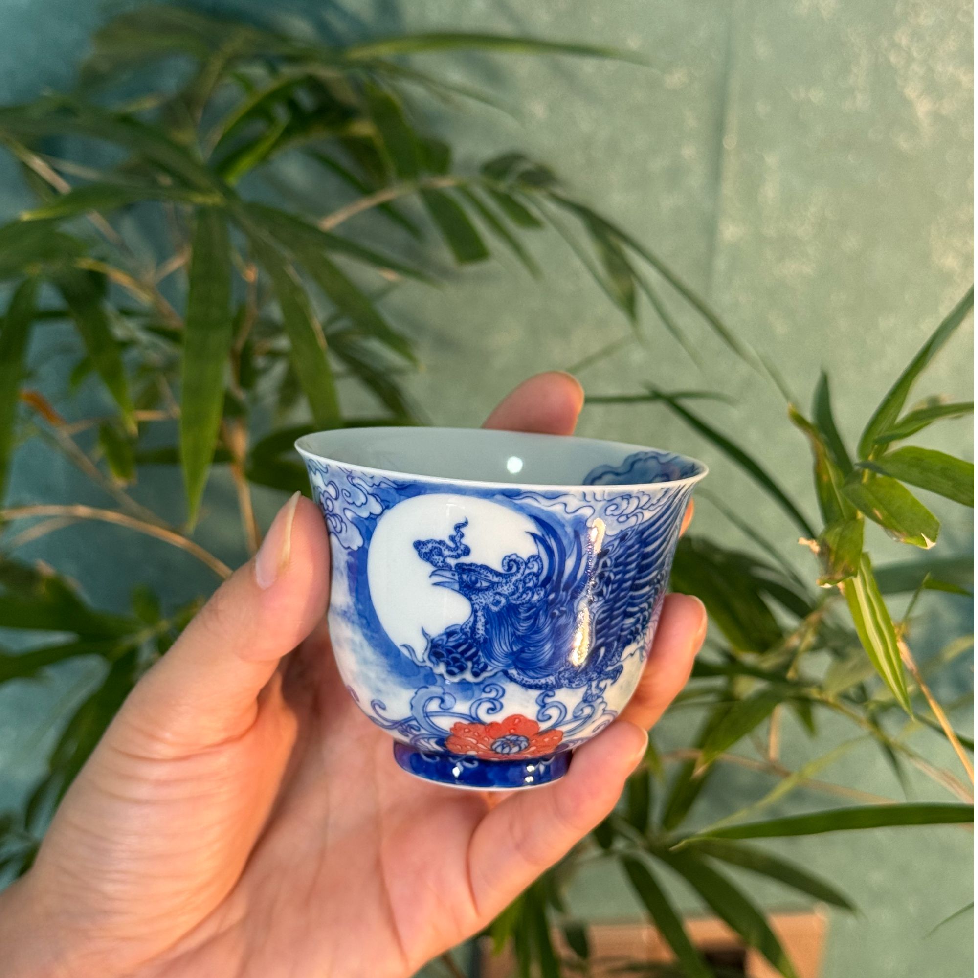 自成堂青花凤纹铃铛杯陶瓷手绘柴窑主人杯
