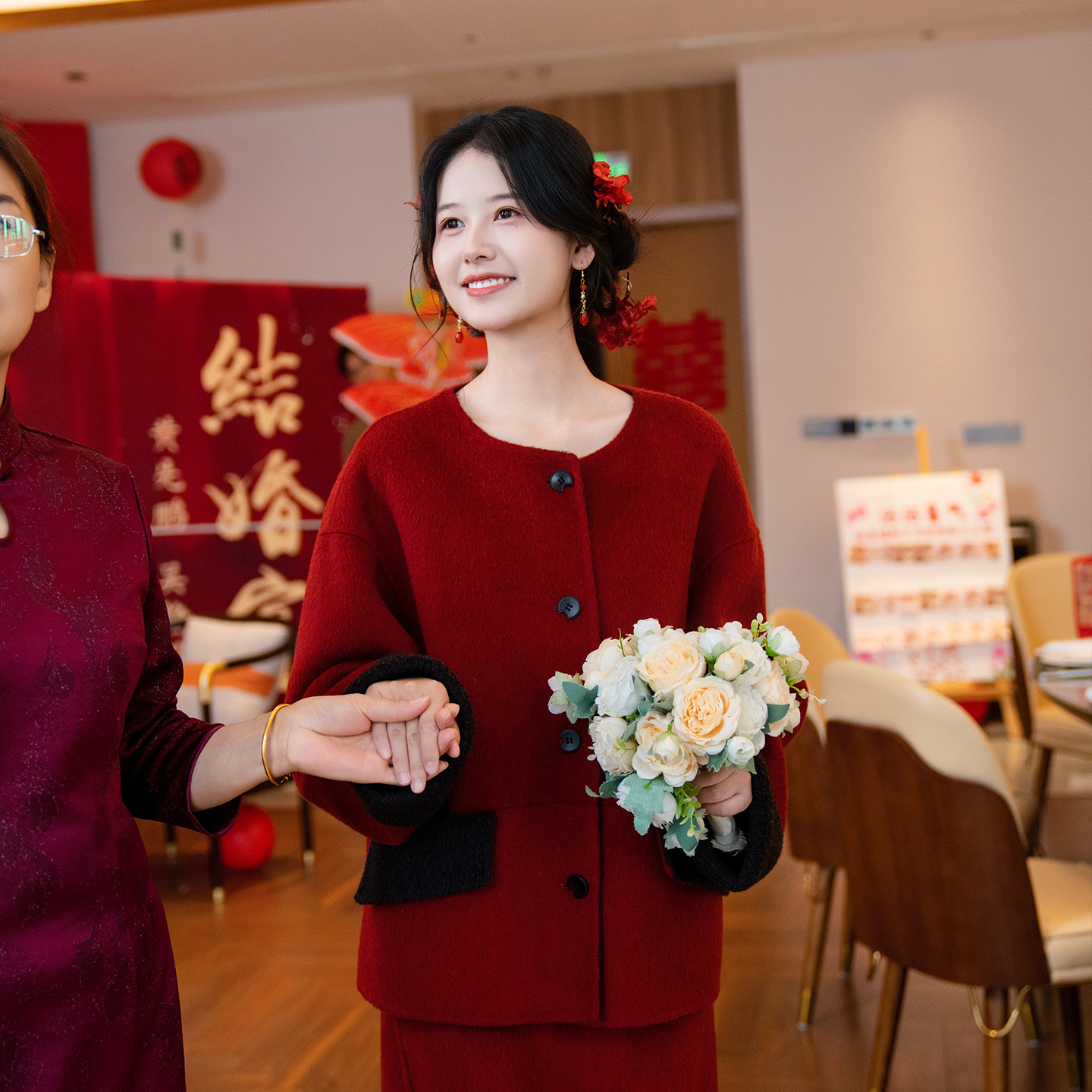 时光裁剪岁景红色羊毛套装女新娘结婚订婚敬酒服小个子毛呢外套