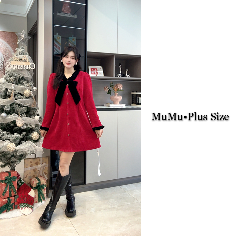 【木 木】新年红色V领收腰连衣裙冬季胖mm法式蝴蝶结显瘦遮肉a字裙