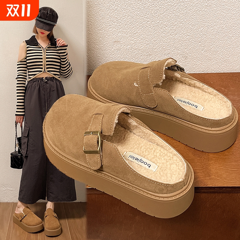 勃肯厚底加绒穆勒鞋百搭冬季外穿复古拖鞋阔腿裤新款鞋半拖网红