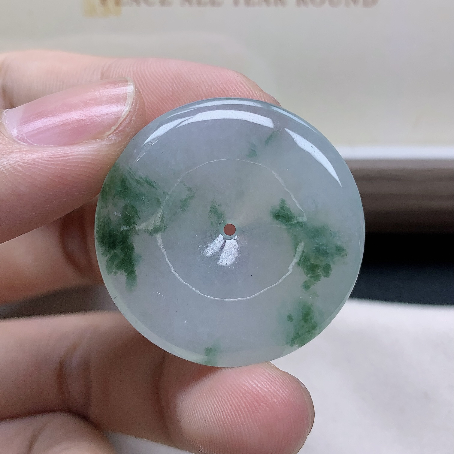 冰润飘花平安扣缅甸天然翡翠玉坠 展翅高飞意境花 尺寸32.1-5.7mm