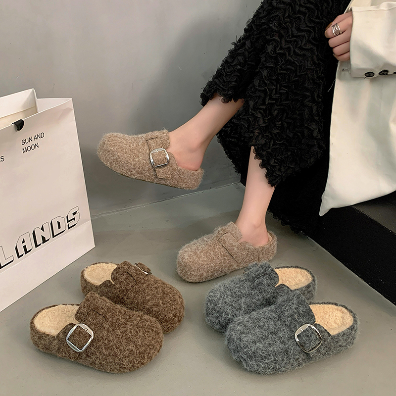 厚底勃肯鞋加绒毛毛拖鞋女外穿2025新款秋冬季一脚蹬保暖包头半拖
