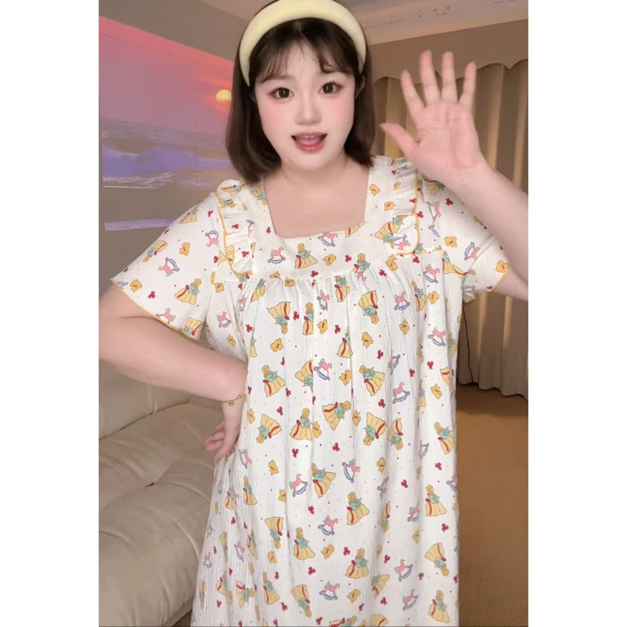 7401大码宽松夏季睡衣女短袖睡裙波点可爱甜美减龄家居服可外穿