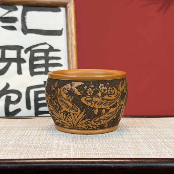 宜兴原矿紫砂黄金朱泥主人杯刻绘锦鲤双层大容量防烫茶杯精致茶器