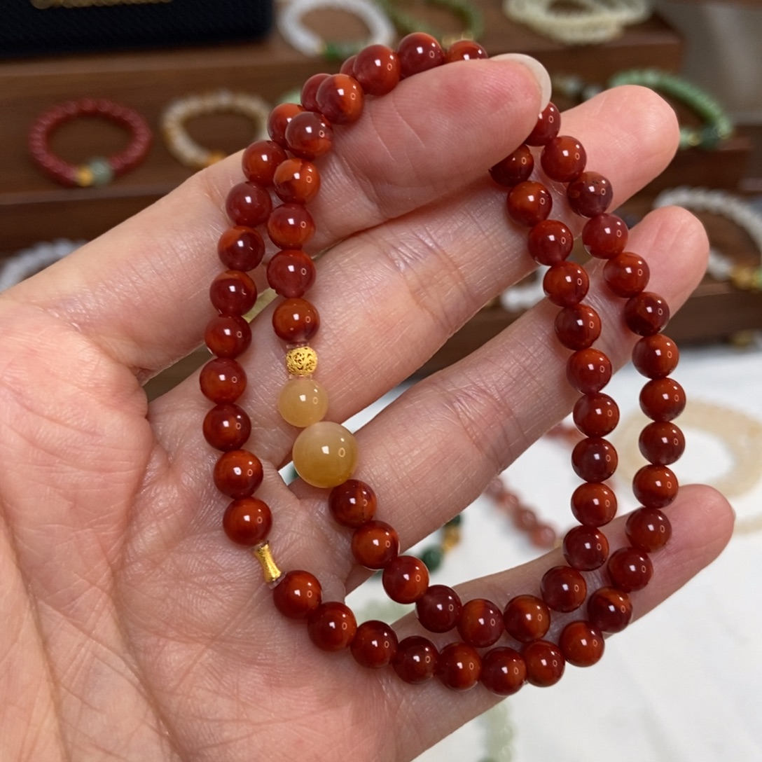 南红玛瑙18K金镶嵌手链5mm南红双圈锦玫双色