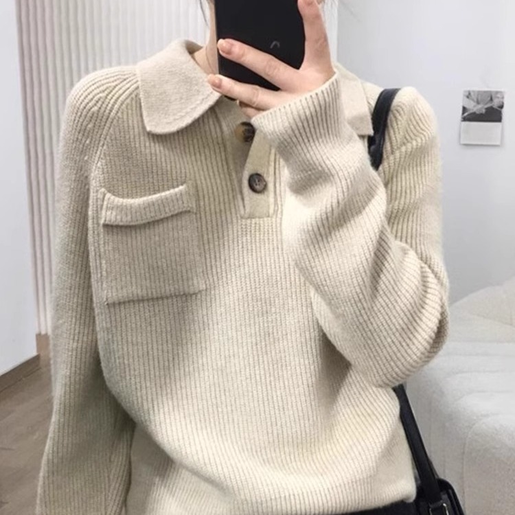 韩系灰色套头毛衣女2025春季设计感宽松显瘦polo领针织衫纯色上衣