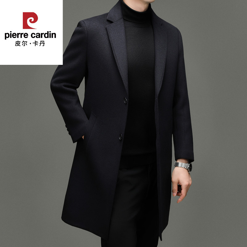 皮尔卡丹新款西装领双面中长款尼大衣+羽绒可脱卸内胆