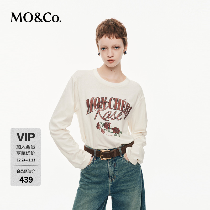 MOCOT恤2025秋新品棉质斑驳玫瑰印花烫钻宽松长袖圆领MBE3TEET15