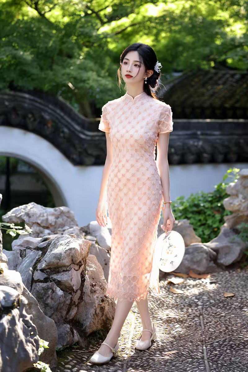 小仙女旗袍重工蕾丝温柔优雅气质新中式显瘦小个子复古修身日常