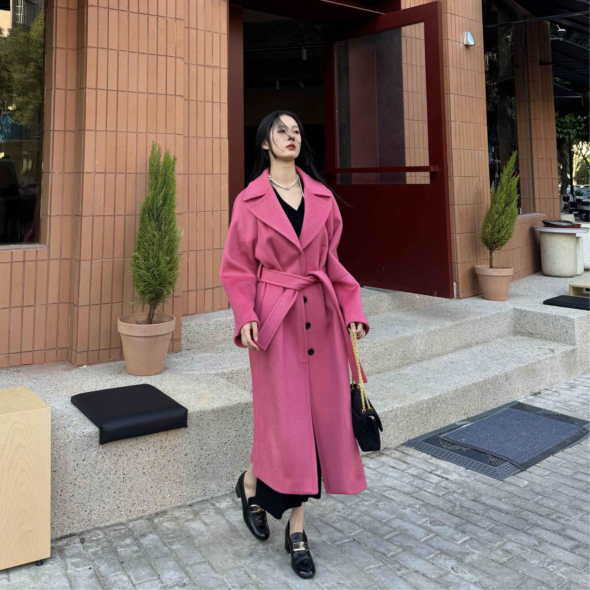 YIMAIMAI 玫瑰粉羊毛骆驼绒混纺双面大衣带腰带c高性价比大衣现货