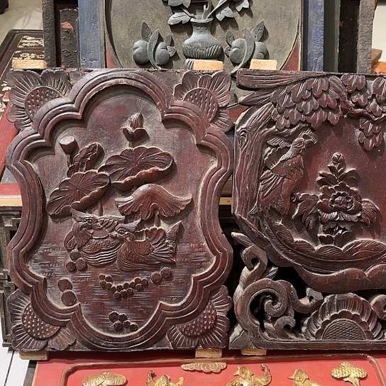 用***9老木雕凤凰荷花板