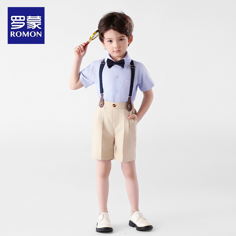 罗蒙儿童礼服男童小西装套装生日花童背带裤男童夏装主持人服装帅