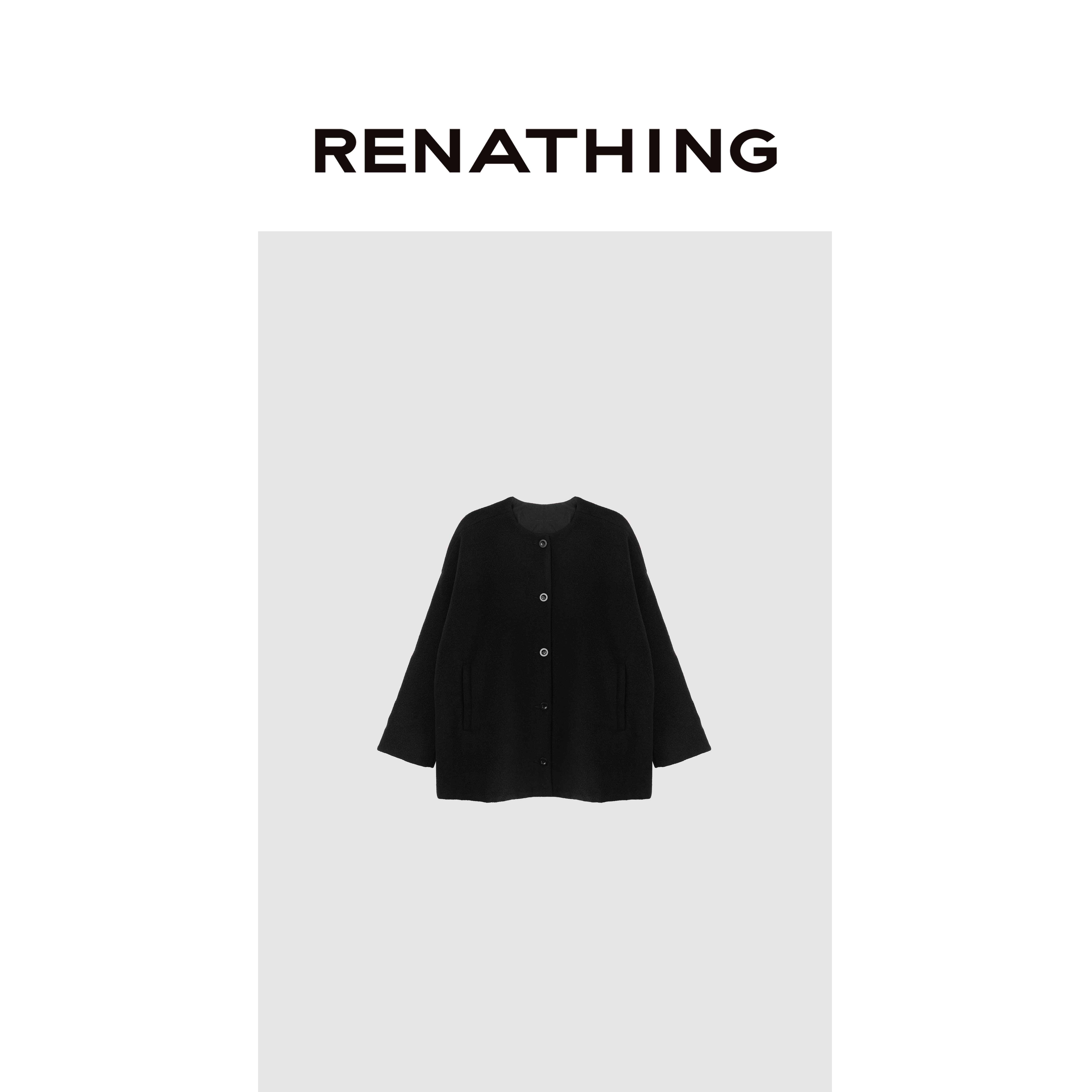 【RENATHING】黑色圆领排扣两穿棉服