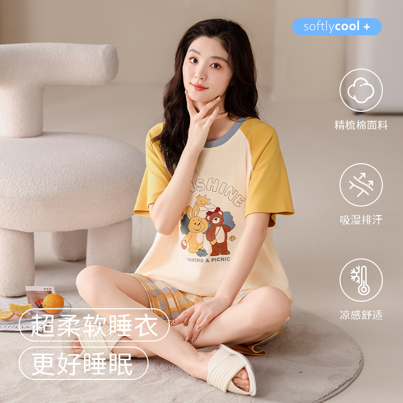 睡衣女夏季纯棉短袖短裤2025年新款薄款卡通少女家居服可外穿套装