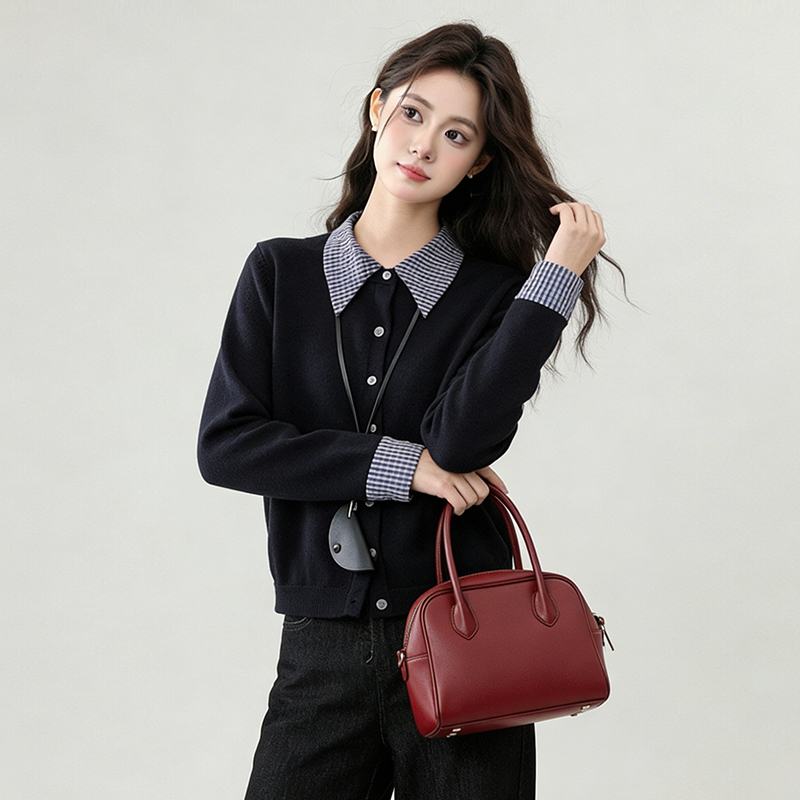 复古学院风假两件针织衫女2025新款POLO领撞色翻领打底衫