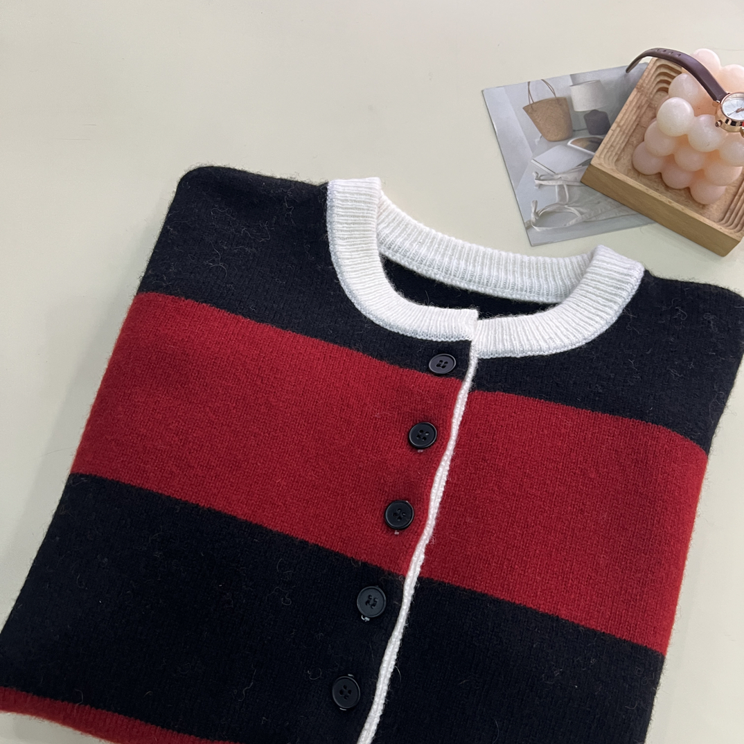 绒品 韩系半开宽条纹拼色长袖针织衫