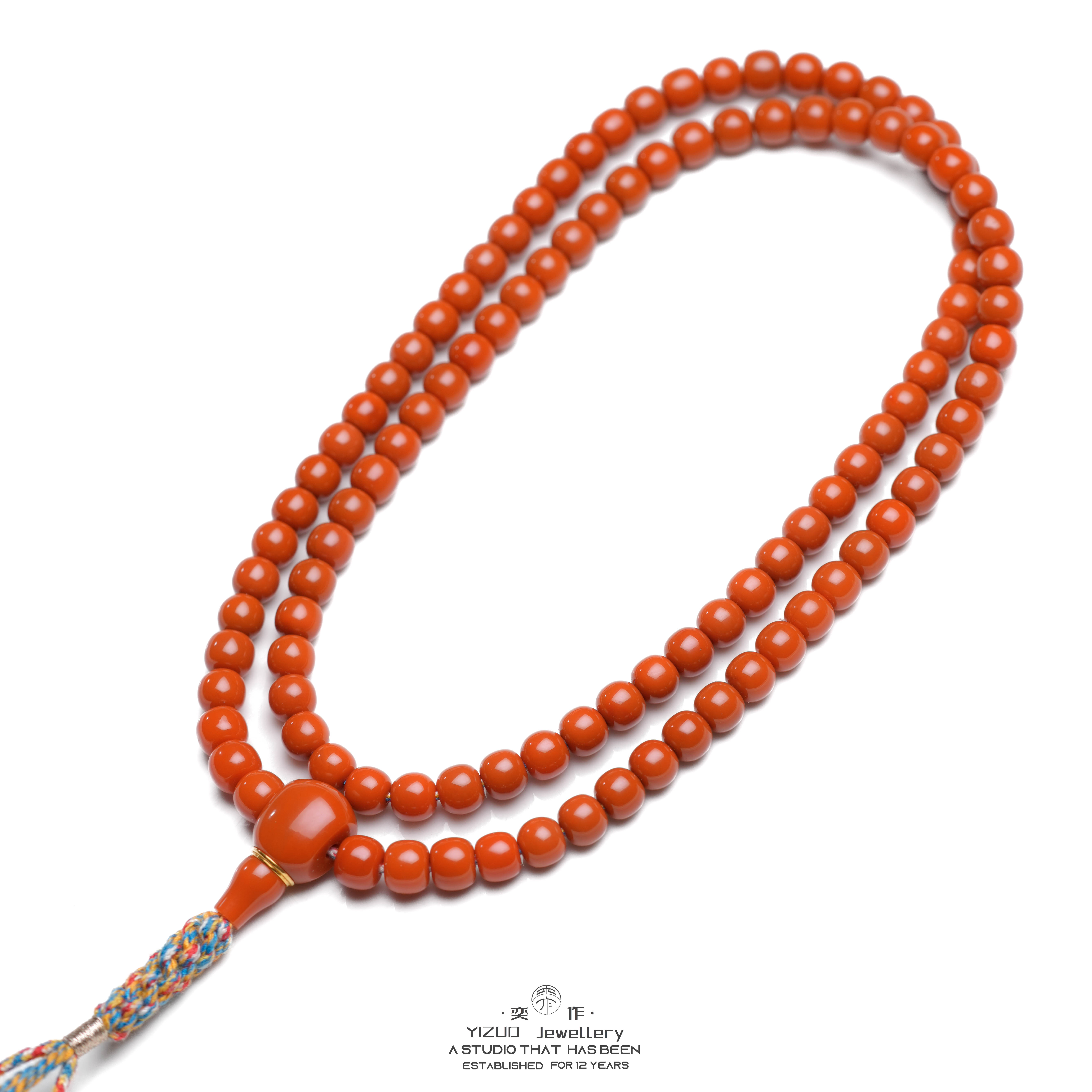 凉山南红|瓦西柿子红108老型佛珠长链 6.5*5.5mm