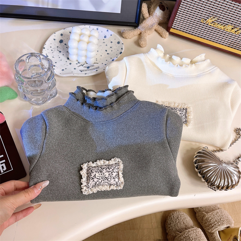 【慕斯暖绒】女童加绒时尚双层领木耳边森系百搭保暖长袖女宝打底衫