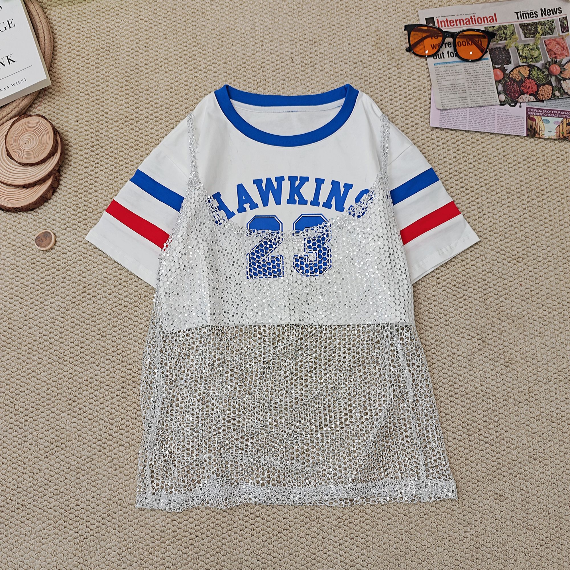 2025夏季新款拼色字母数字印花镂空网纱真两件短袖T恤2134