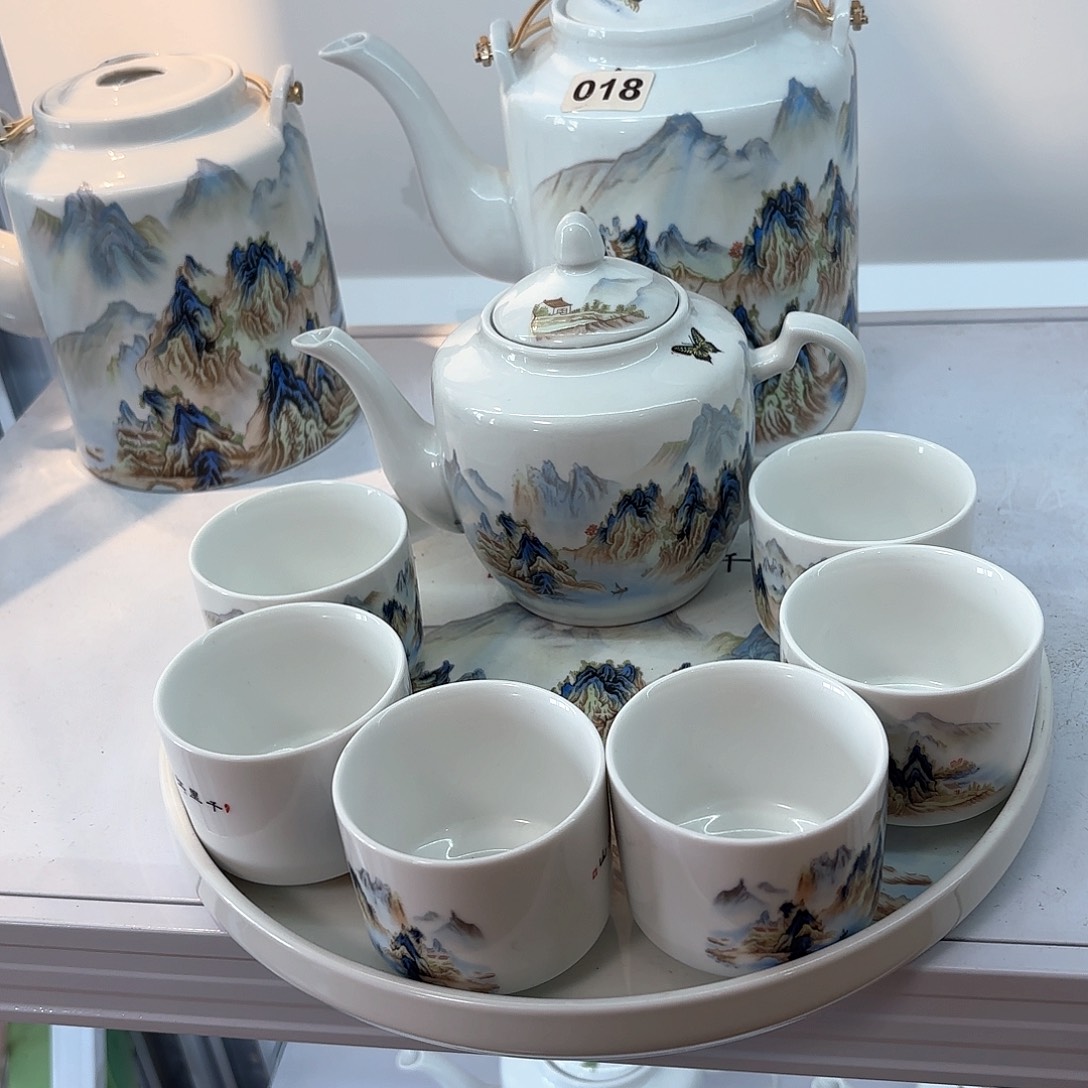 壶陶瓷千里江山图一斤侧把壶➕六个杯子