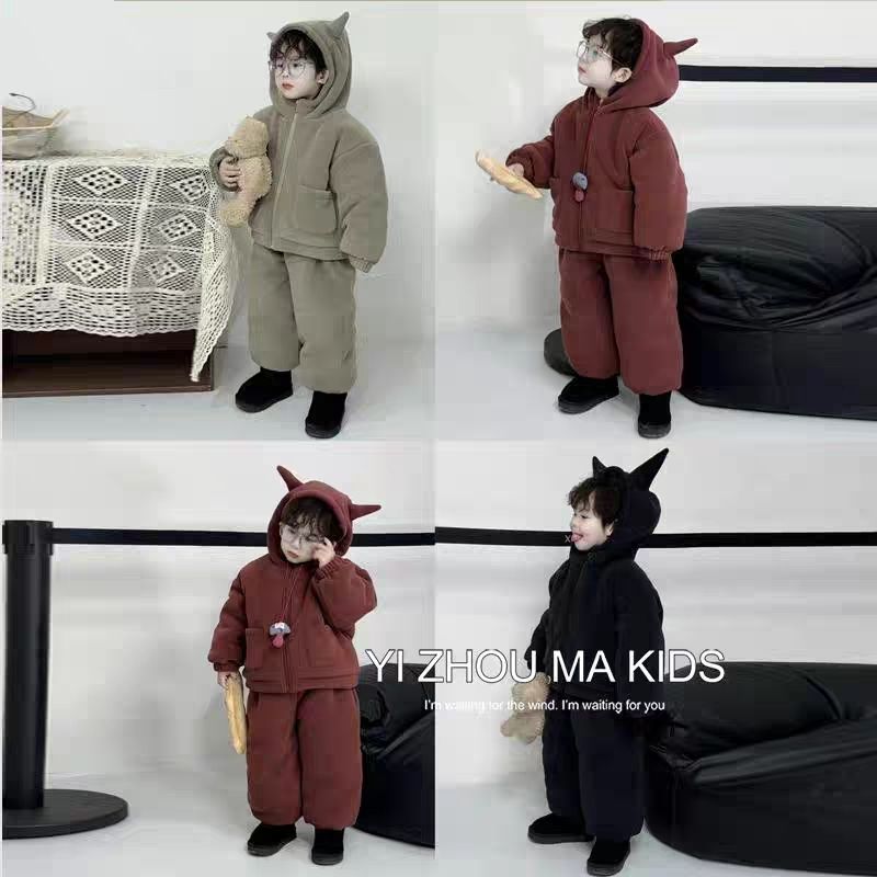 男童四层加绒加厚抗寒零下~15度韩版小怪兽家居服宽松外穿套装