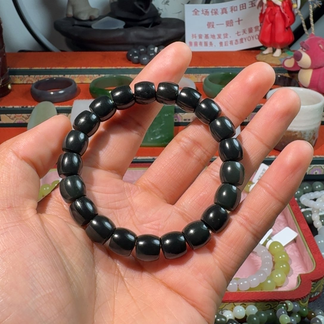 和田玉手串未镶嵌和田玉卡10黑青