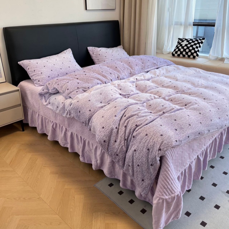 【床盖款】冬季加厚夹棉绗缝高克重单床盖防滑保暖牛奶绒床裙四件套