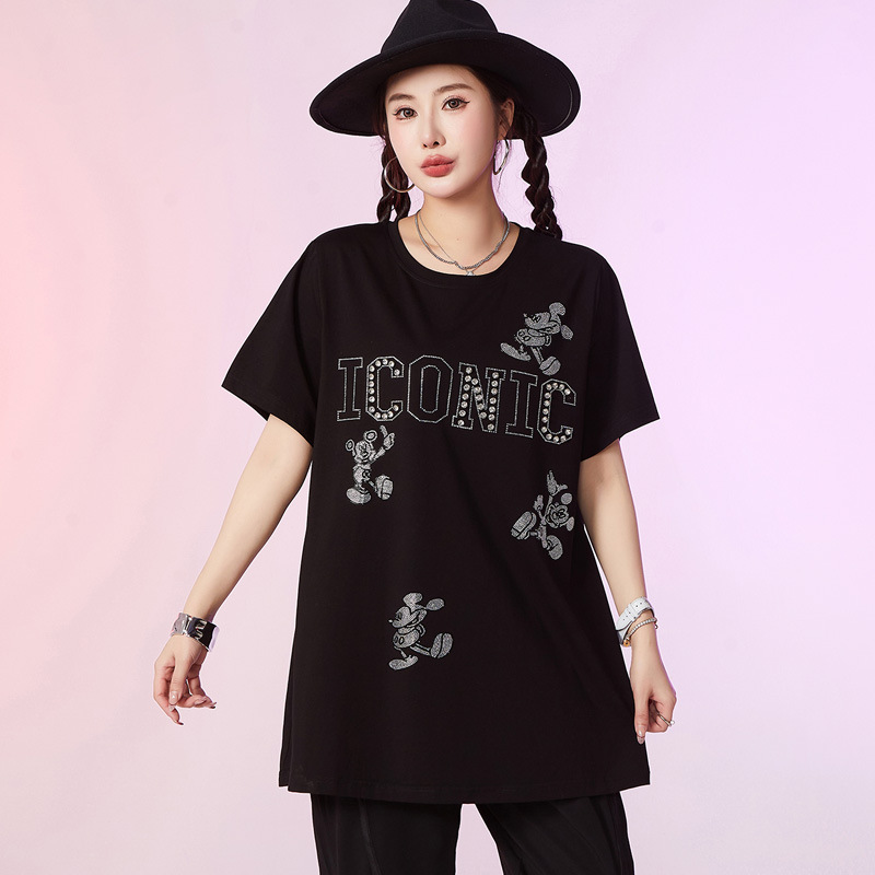 大码女装胖mm烫钻字母短袖显瘦T恤上衣6870