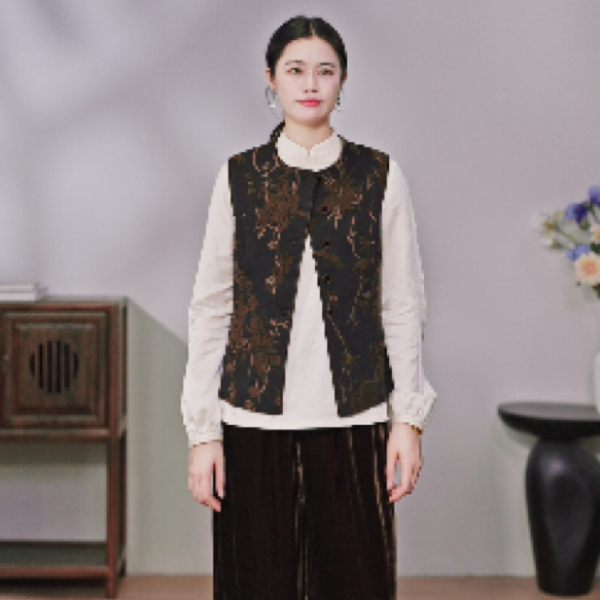 牧衣 女工字型款厚款马甲秋季圆领马夹女士复古提花新中式 静心澜