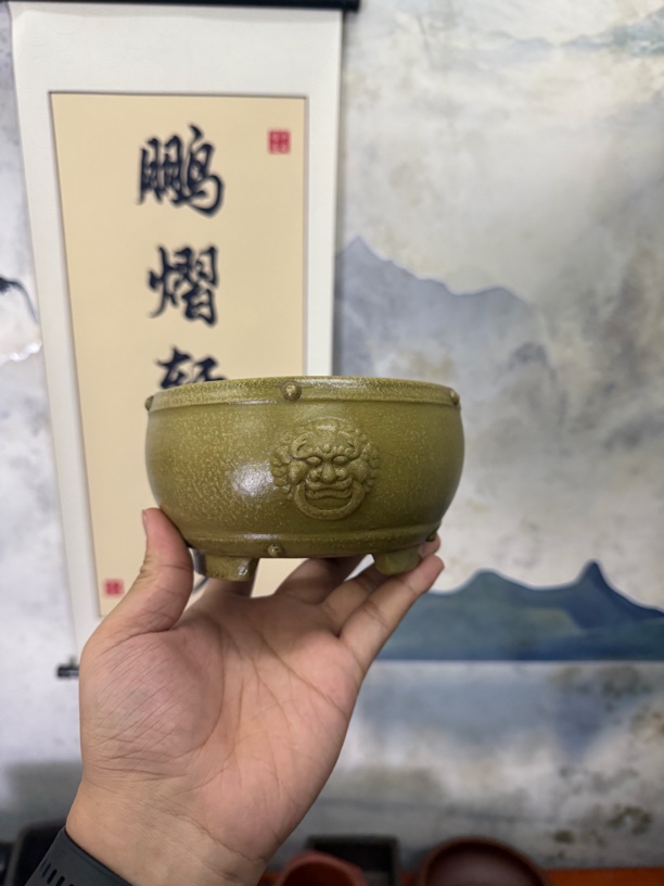 宜兴紫砂花盆内经12x6.5cm圆形冒钉盆段泥门环狮子头紫砂盆景盆