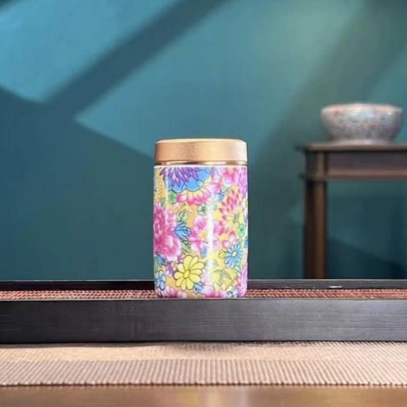 珐琅彩万花【小茶叶罐】黄D0001