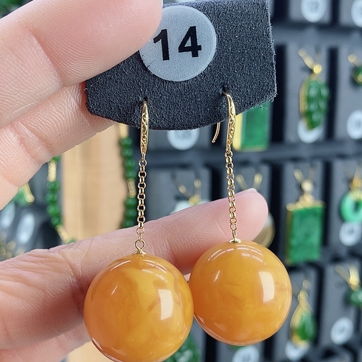 蜜蜡耳饰18K金镶嵌耳饰