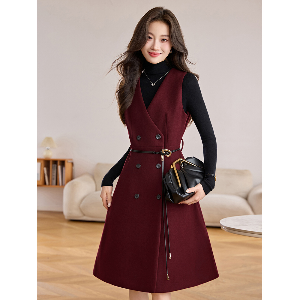 法式气质无袖毛呢背心裙女2025秋冬新款系带收腰显瘦中长款连衣裙