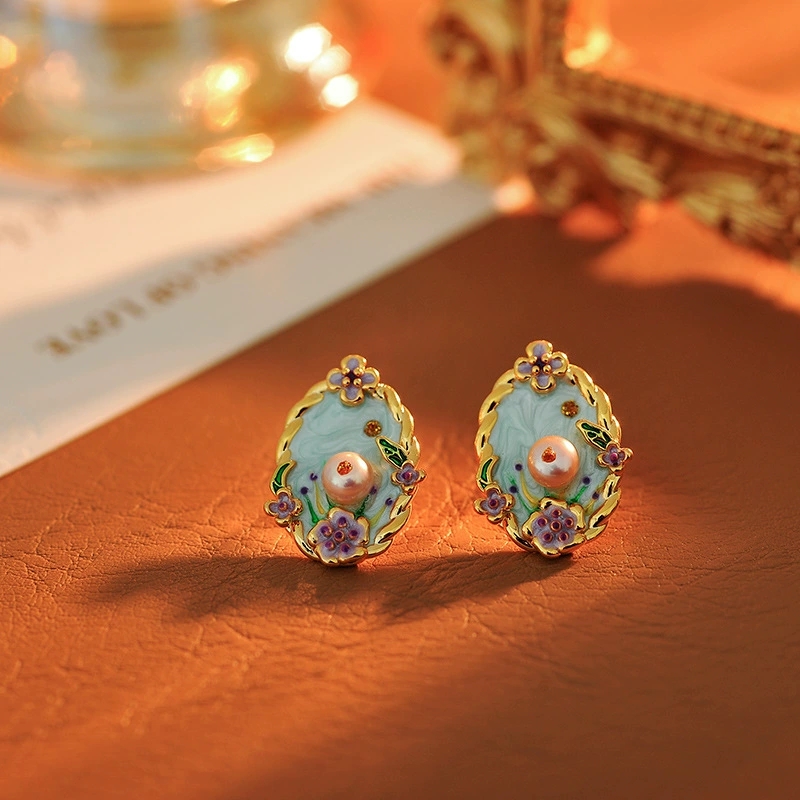 铜合金珐琅耳饰 油画国潮风珐琅耳钉银针女镀K金高级感花朵耳环