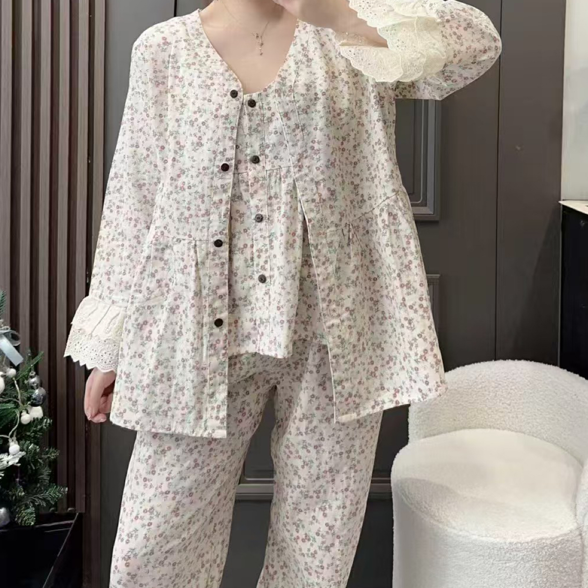 大码/双层棉纱/YMF碎花吊带长裤田园风可外穿少女大码家居服