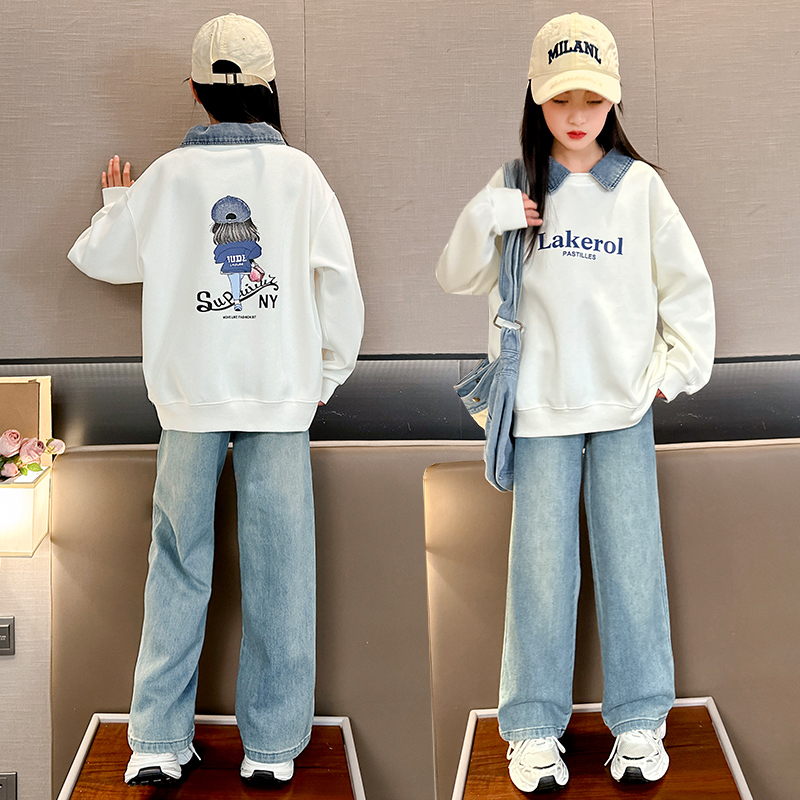 女童卫衣牛仔套装2025春季6-15岁中大童洋气休闲运动阔腿儿童宽松