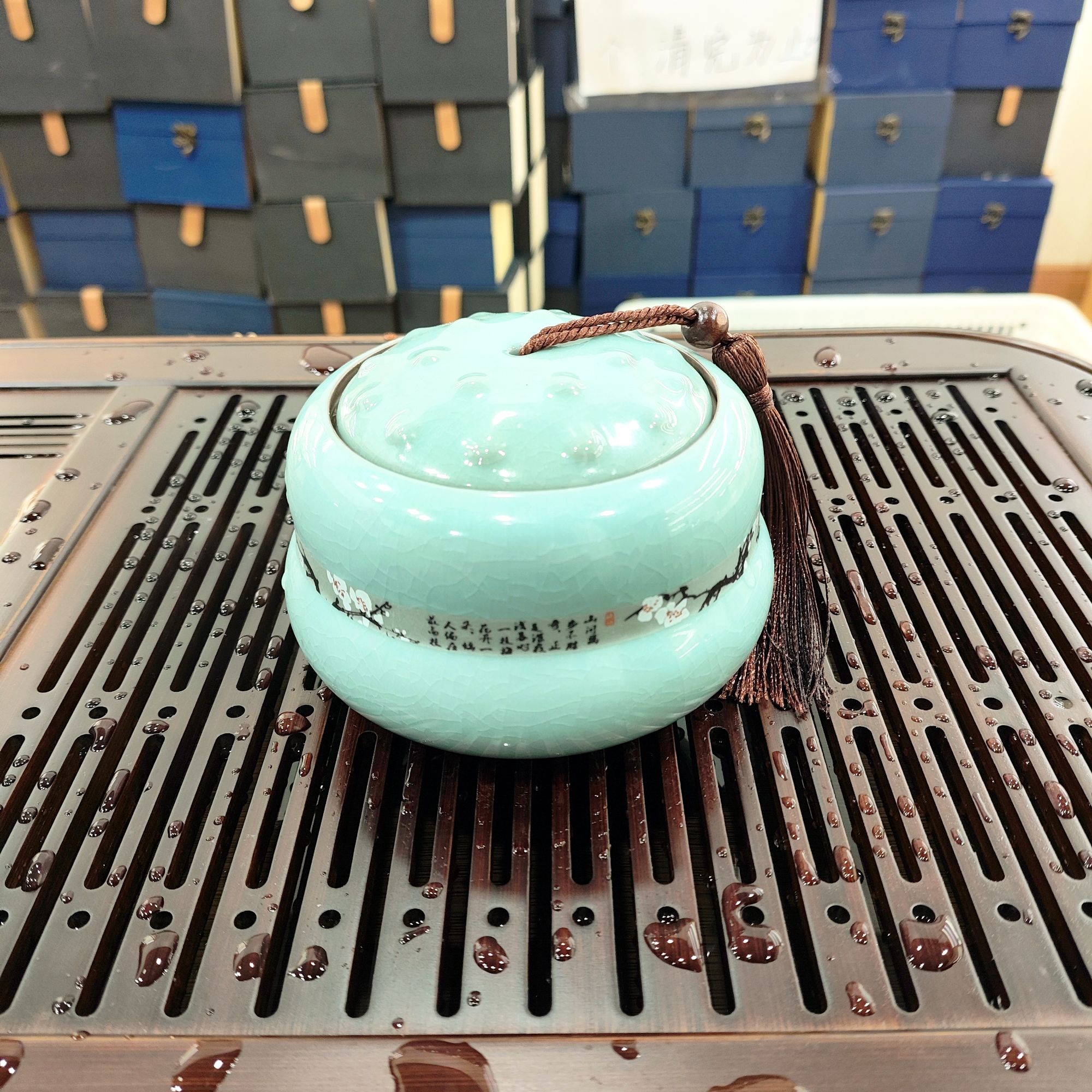 YZ7哥窑寒梅茶叶罐密封罐茶叶包装盒子散茶流苏大号罐子茶缸