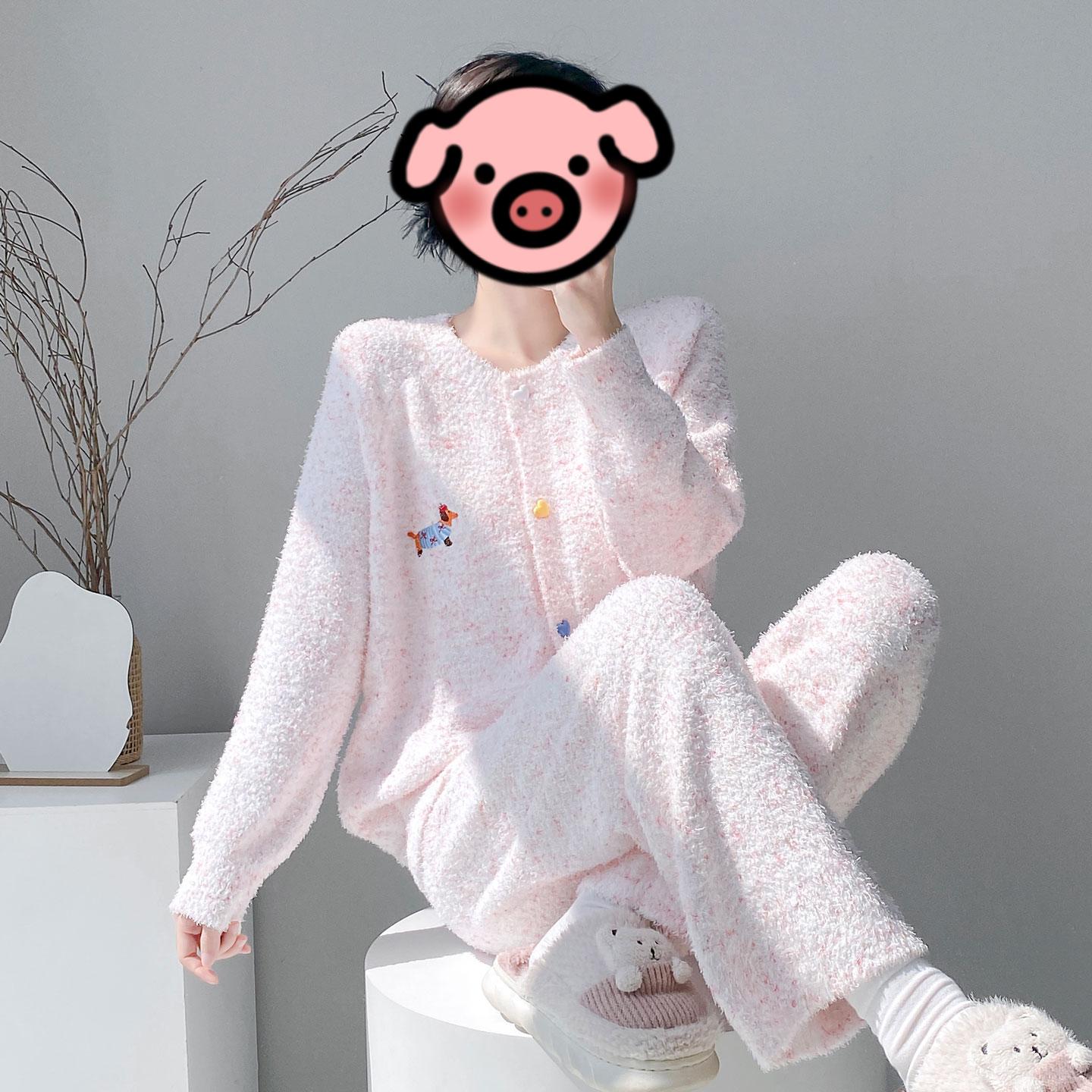 卡通腊肠狗睡衣女秋冬款加绒加厚爱心扣开衫保暖半边绒家居服