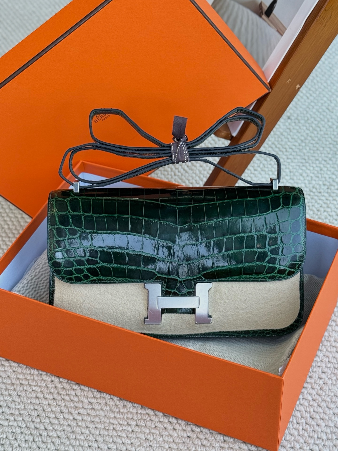 99新 Hermes/爱马仕 康康elan祖母绿银扣亮面两点X刻