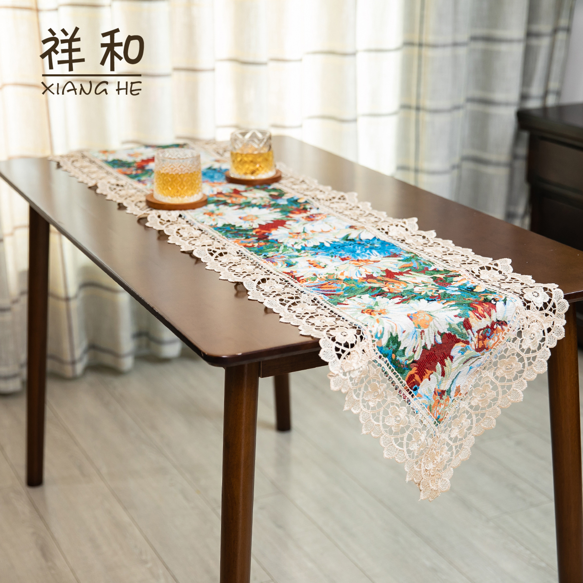 C007-7棉麻（40*170CM）油画花卉蕾丝盖巾桌旗